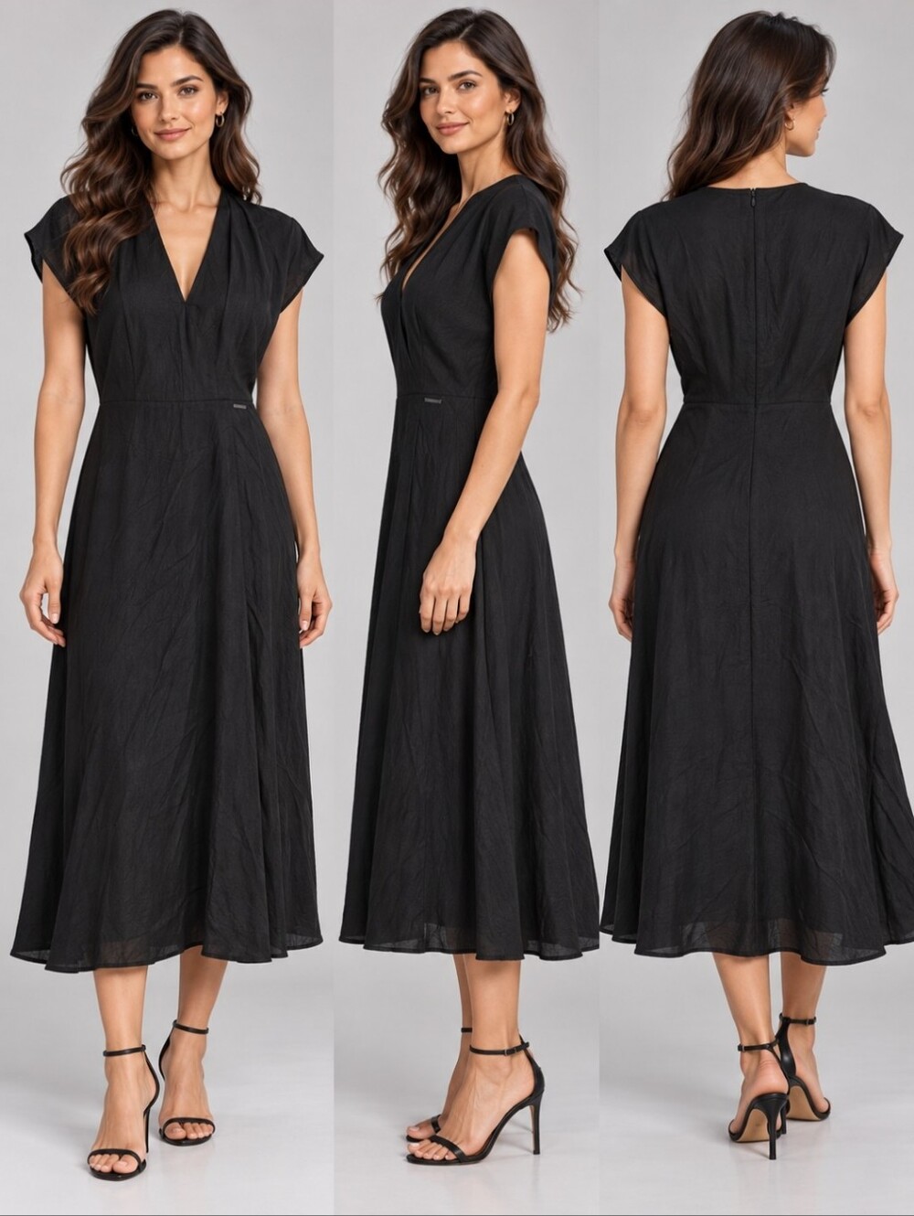 Calvin Klein Black Linen Blend Midi Dress Size 10 V Neck A Line $179 Cocktail